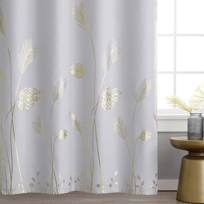 Greyish White Curtain for Dining Room 100W x 108L Inch Elegant Gold Palm Tree - Image 3
