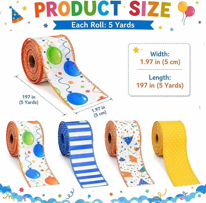Birthday Wired Ribbon Set, 4 Rolls Decorative Party Ribbon - Image 3