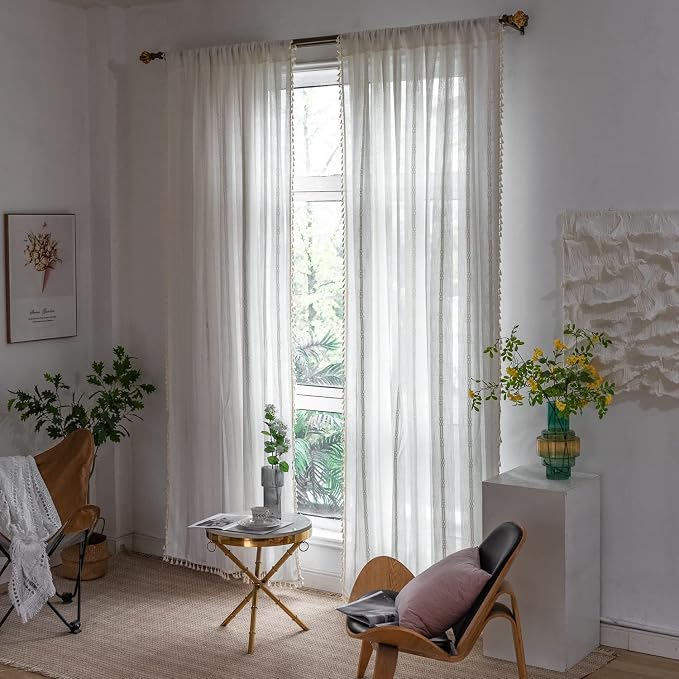Boho Curtains for Bedroom Embroidery Striped Farmhouse 84 Inches Long 2 Pannels - Image 8