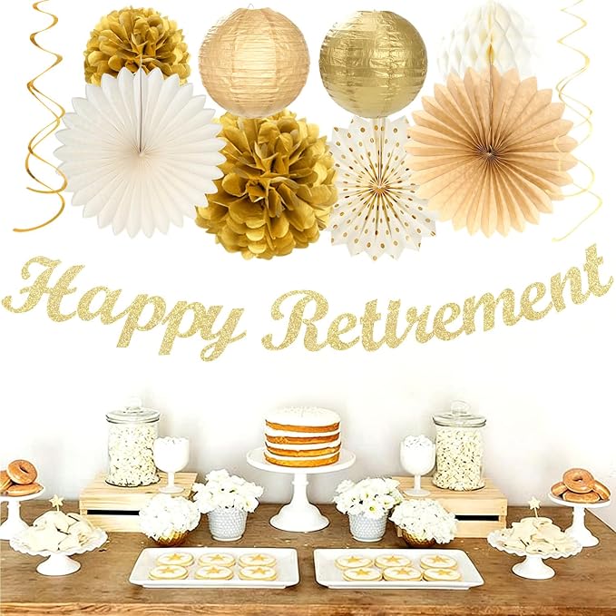 Beige-Gold Happy Retirement Party Decorations Banner Women Men Huglony | 21pcs - Image 7