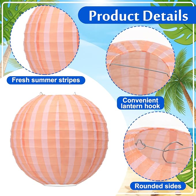 Gerrii 12 Pcs Summer Paper Lanterns Decor 8" Colorful Striped Paper Lanterns - Image 3