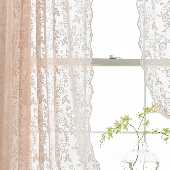 FINECITY Blush Pink Lace Curtains Rustic Leaf Floral 42 x 84 Inch, 2 Panels | - Image 6