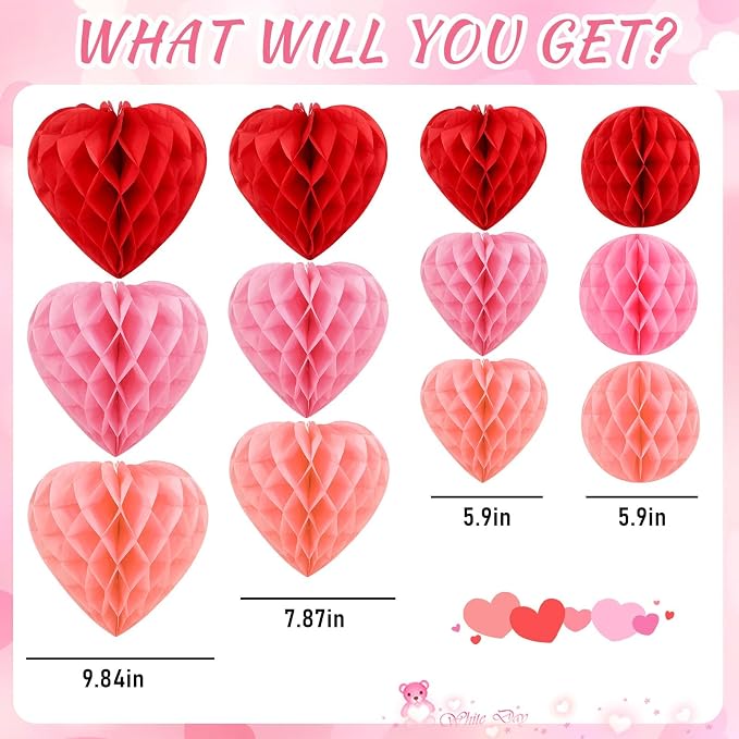 BOARDFEB 12PCS Valentine's Day Decorations, Heart Honeycomb Balls Hanging | Pink - Image 6