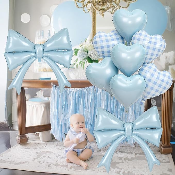 Pastel Blue Bow Balloons & Checkered Heart Foil Balloon Set, Coquette Birthday - Image 5