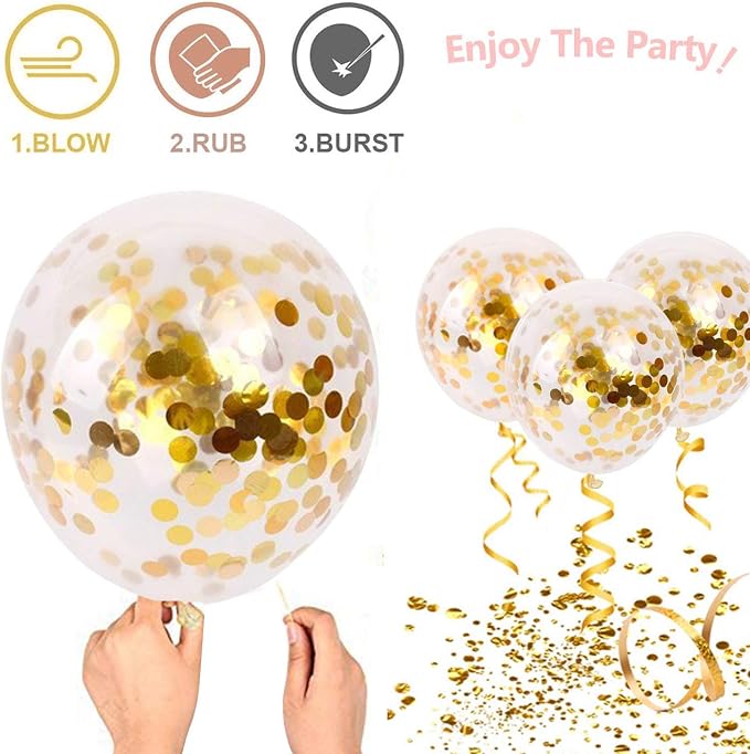 Black and Gold Confetti Balloons, 50 Pack 12inch White Latex Party Balloon Set - Image 4