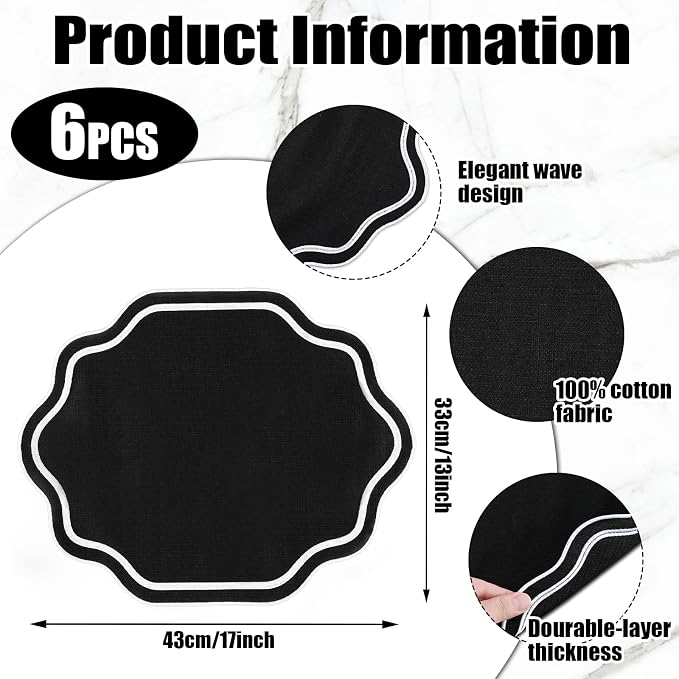 6 Pcs Black Wedding Placemats Scalloped Embroidered Cotton Linen Placemats 17" - Image 7