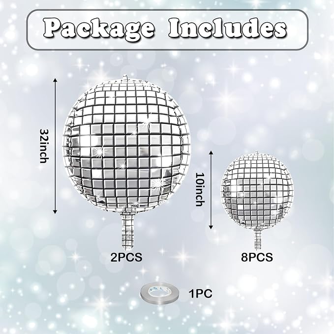 10 Pcs Disco Ball Balloons 32/10 4D Ball Balloons Metallic Silver Disco Mylar - Image 2