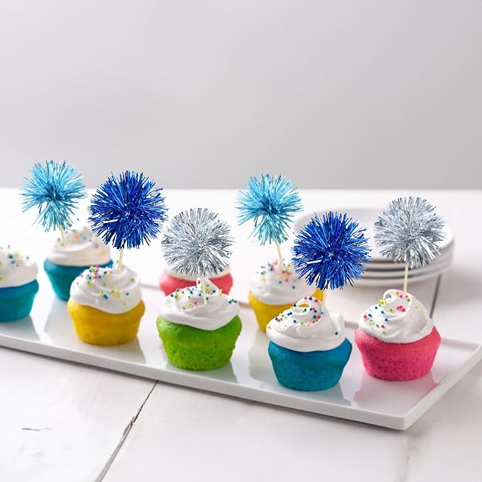 Gyufise 30Pcs Foil Firework Cupcake Toppers Sparkle Tinsel Cake Toppers Tinsel - Image 4