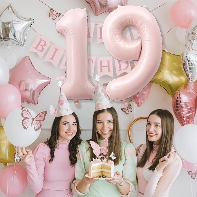 Foil 19 Balloon, Dusty Light Blush Pink Big Number 19 Balloons - Image 5