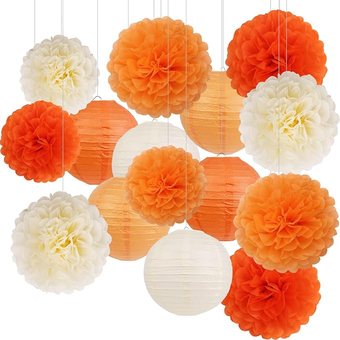 Orange Birthday Party Decorations Paper Lanterns and Pom Poms 15pcs Set | Baby by Unknown