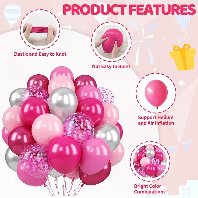 Paready Pink Balloons Set, 12 Inch Confetti Balloon Metallic Silver Party - Image 3
