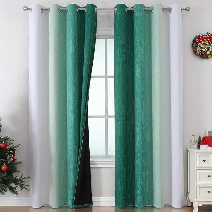 Green and Greyish White Ombre Blackout Curtains 90 Inch Length 2 Panels Set - Image 2