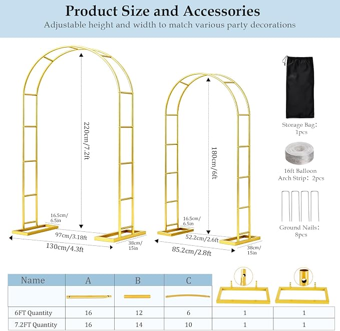 7.2FT 6FT Wedding Arch Backdrop Stand Set of 2, Balloon Arch kit | Metal Gold - Image 3