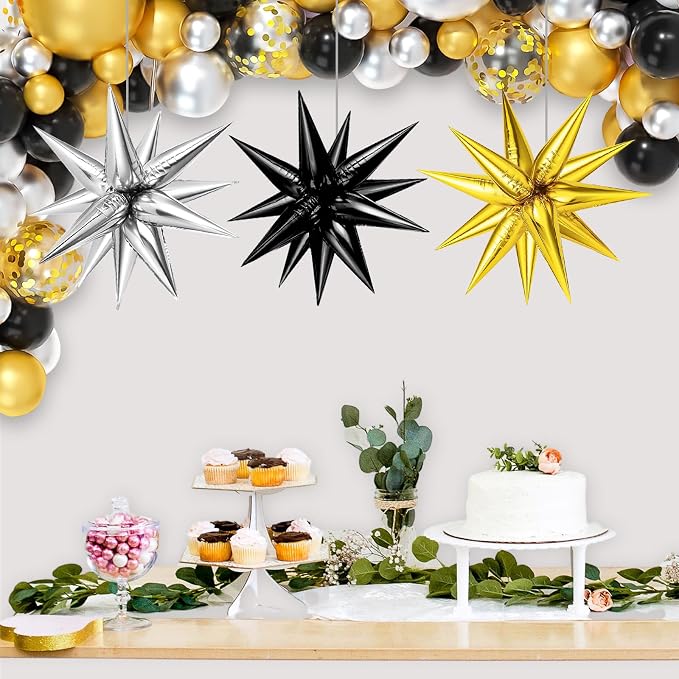 Black Gold Silver Foil Star Balloons, Cone Mylar Spike Balloons Fireworks - Image 3
