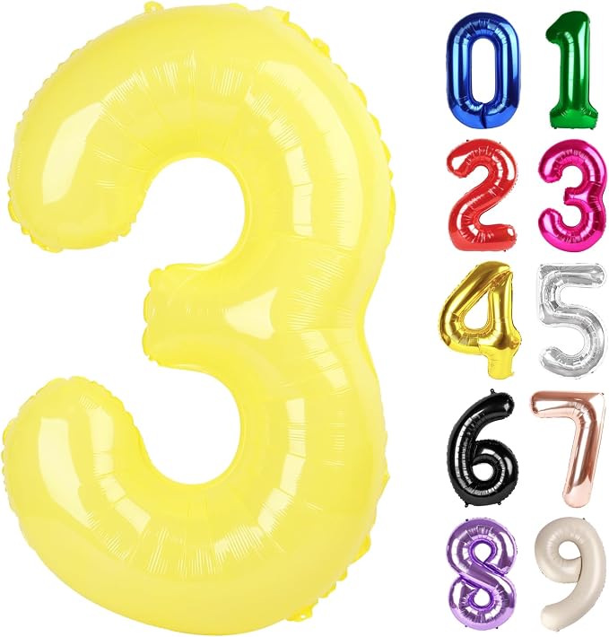 3 Balloon - Macaron Yellow Birthday Number Balloons, 40 Inch Decorations | by ALPHADELTAPI