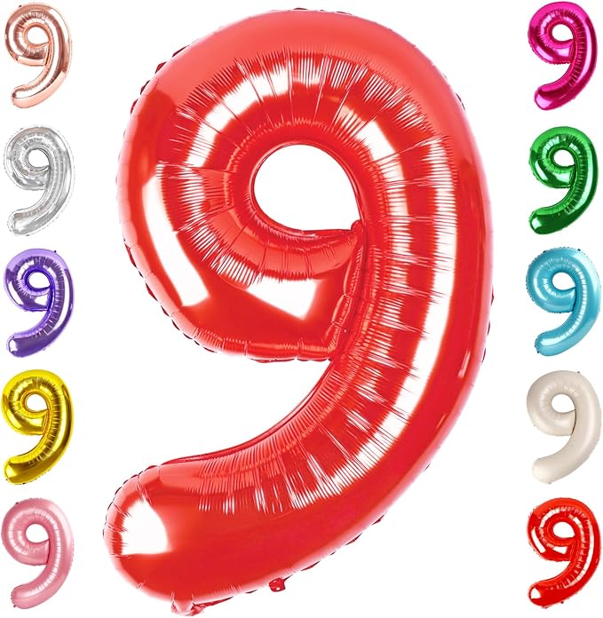 9 Balloon Numbers Birthday Decorations, 40In Red Balloons by Mluchee