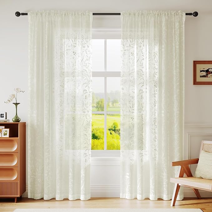 Anmao Cream Semi Sheer Light Filtering Curtains 102 Inches Long 2 Panels - Image 2