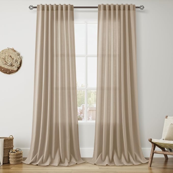 Sepia Beige Linen Curtains 96 Inches Long by Nanspring