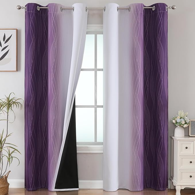 Purple and Greyish White Room Darkening Blackout Curtains 84 Inches Long by ESTELARTEXTILER
