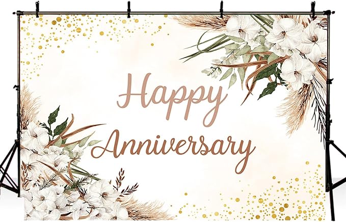 MEHOFOND Boho Happy Anniversary Backdrop White Floral Bohemia Pampas Grass - Image 3
