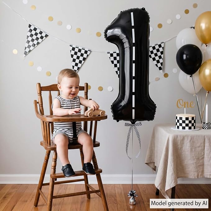 Black and White Stripes Number 1 Balloon 40 Inch, Foil Numeral - Image 2
