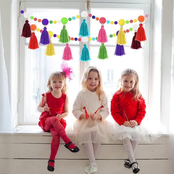 Janinka 2 Pcs Pom Pom Tassel Garland Classroom Each 13.2 Feet Boho Rainbow Felt - Image 6