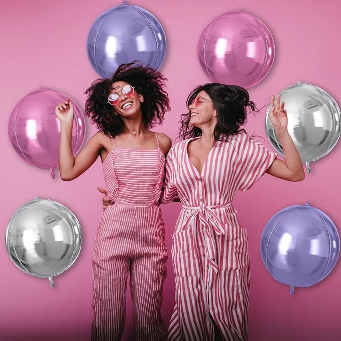 Pink Purple Silver Round Foil Balloons 9 pcs, Metallic Giant 4D Round Balloons - Image 7