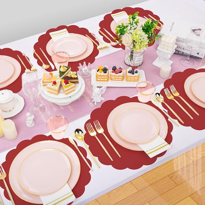 60 Pcs Red Paper Placemats, 13.5 Inch Disposable Scalloped Table Mats | Thick - Image 6