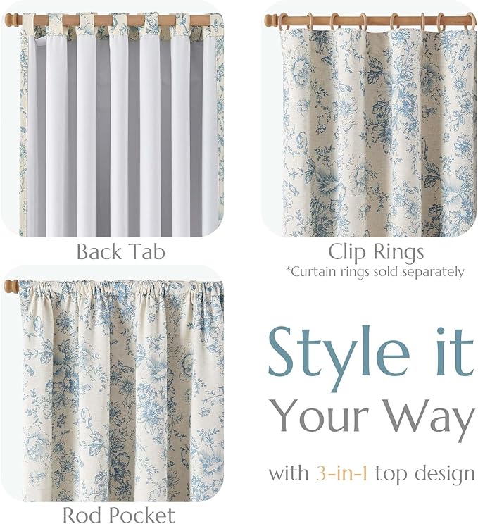jinchan Blue Floral Linen Blackout Curtains Lined 63 Inch Back Tab 2 Panels | - Image 4