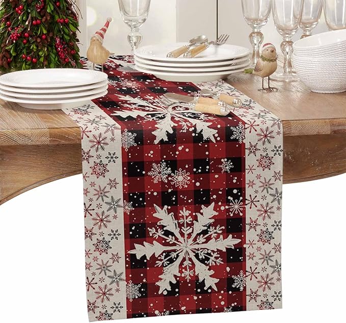 Buffalo Plaid Christmas Cotton Linen Table Runner for Dining Kitchen, Snowflake Red Black Check Wedding Outdoor Party Tablerunner Decoration, Retro Dresser Scarf Coffee Tablecloth Runners 13x60 Inches