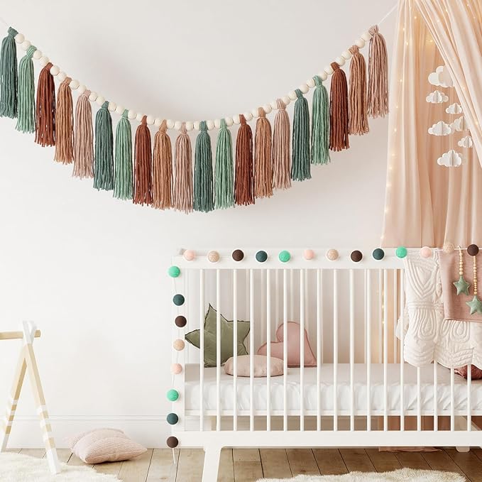 Hahafelt 3 Pcs Sage Green Brown Tassel Garland, Pom Pom Tassel Garland - Image 5