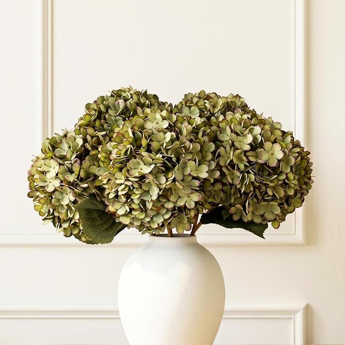 5 Stems Extra Large Green Hydrangea Artificial Flowers, 19 Inch Real Touch | by RyddeligHome-AestheticHomeDecor
