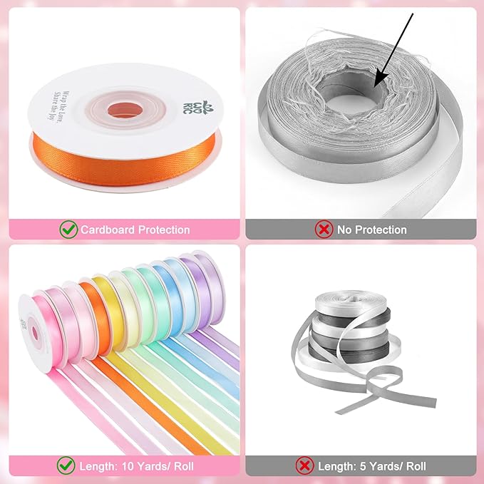woric 120 Yards Rainbow Ribbon 12 Colors 3/8" x 10 Yards/Roll | Colorful Satin - Image 3