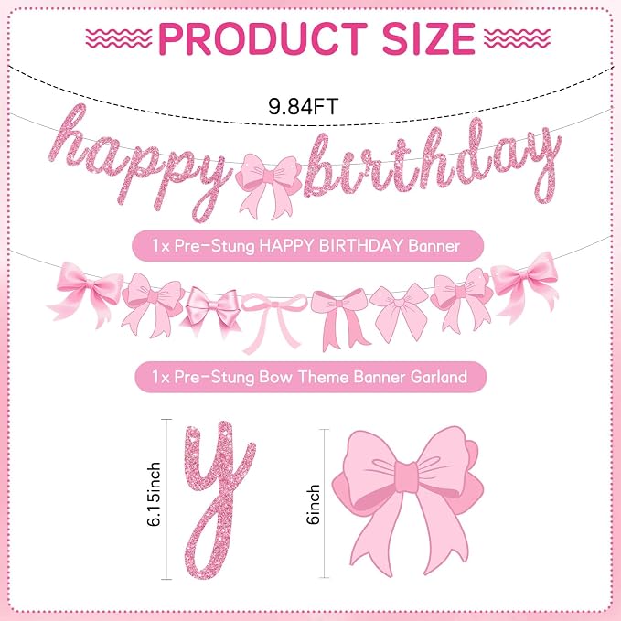 2pcs Glitter Pink Bow Party Banner Pre-Strung Happy Birthday Decorations Bow - Image 2