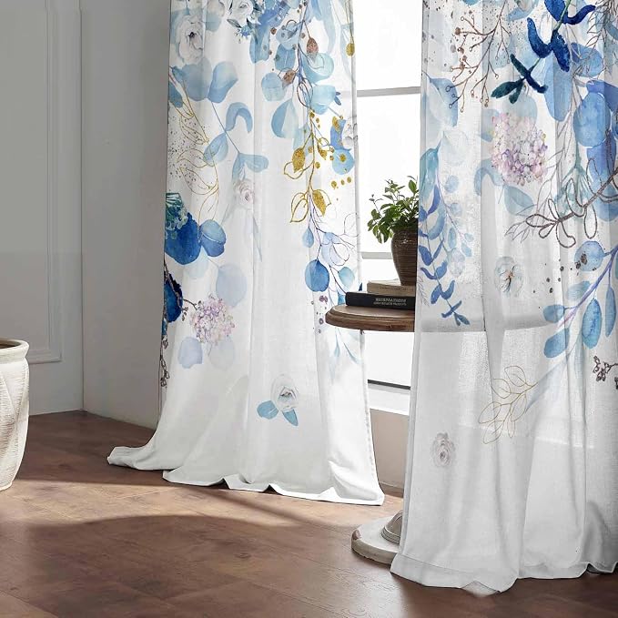 Blue Eucalyptus Curtains for Living Room 84" Length Watercolor Leaf Plant - Image 3