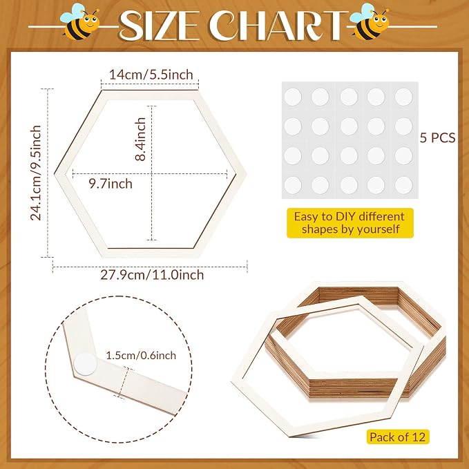 Gerrii 12 Pcs 9.5 Inch Honeycomb Decorations Unfinished Wooden Hexagon Wall - Image 2