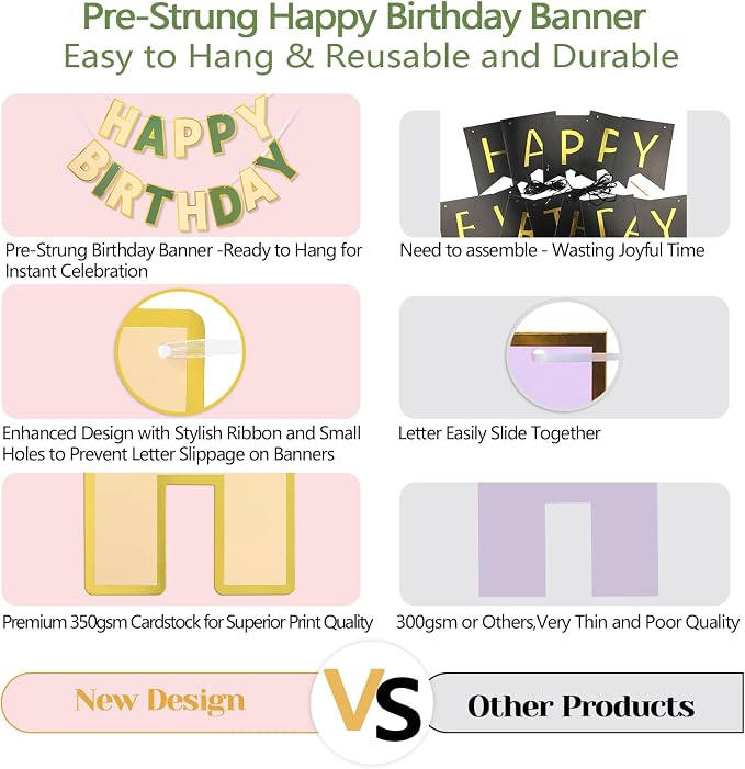 Pre-Strung Happy Birthday Banner Brown Green Party Decorations | adjustable cord - Image 4