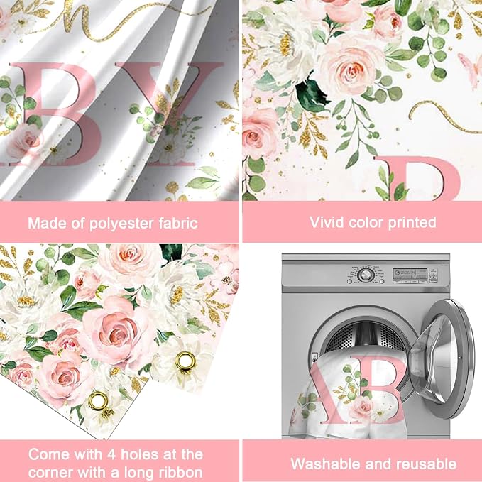 Mocsicka Girl Baby Shower Backdrop Banner Pink Floral Decorations - Image 6