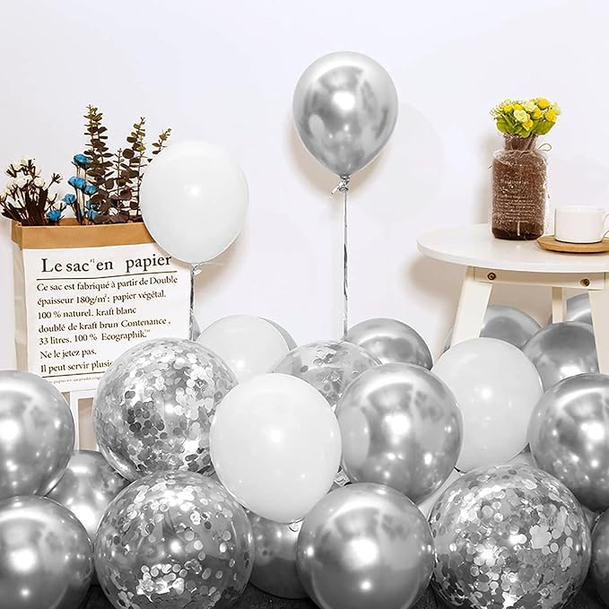 White Silver Balloon Garland Arch Kit 100PCS | Chrome Silver Confetti Balloons - Image 6