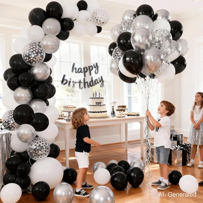 Zesliwy Black Silver White Balloons Set, Party Decor | Metallic Silver - Image 5