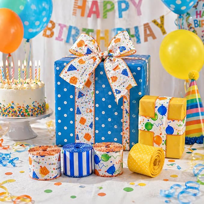Birthday Wired Ribbon Set, 4 Rolls Decorative Party Ribbon - Image 5