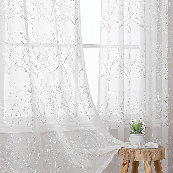 White Sheer Curtains Beige Coral Branch Embroidered 108 Inches | Light by VISIONTEX