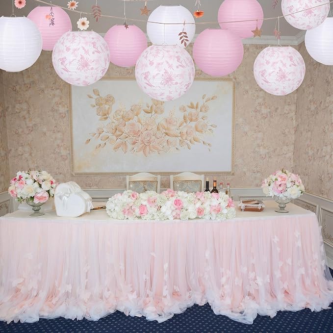 Riakrum 18 Pcs Floral Paper Lantern Set 10" 8" Pink and White Flower Chinese - Image 5
