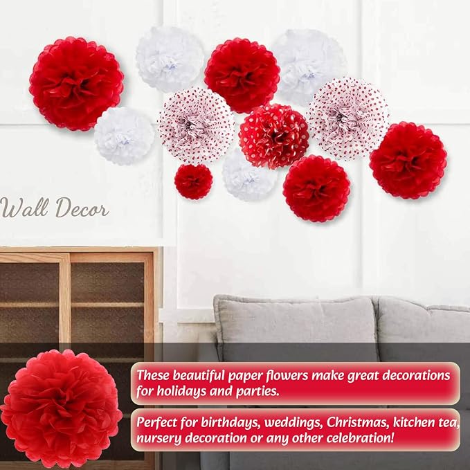 Qimoo 20pcs Red Paper Pom Poms Decorations, DIY Tissue Paper Flowers Ball - Image 4