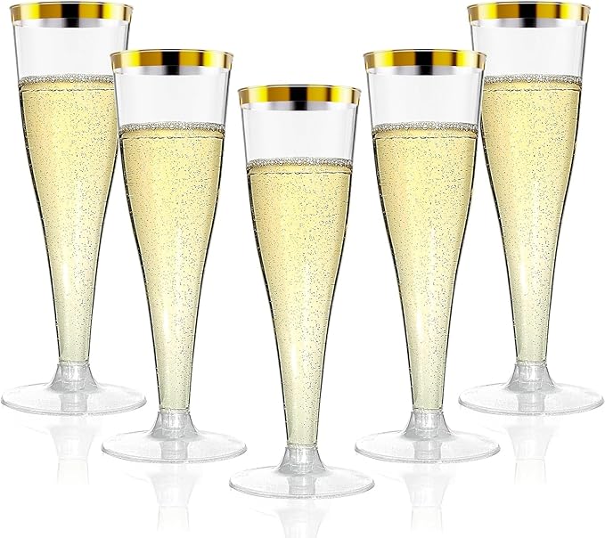20 Pack Champagne Flutes Plastic Wine Glasses Disposable, 4.5 Oz Gold Rim Mimosa Glasses for 2025 Engagement Wedding Birthday New Years Eve Xmas Party Supplies, Bulk Toasting Cocktail Cups