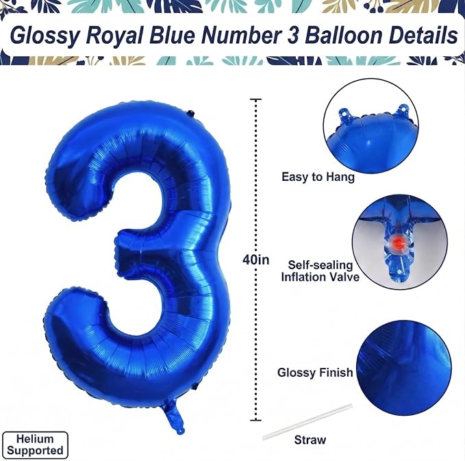 Navy Blue Number 3 Balloon 40 Inch, Metallic Foil Numeral Celebration Decor | - Image 4