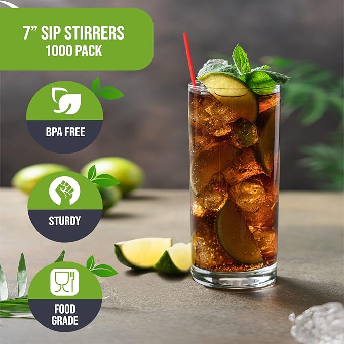 PAMI 1000 Pack Disposable 7 Inch Plastic Coffee Stirrers Straws Red Cocktail Straws for Hot and Cold Drinks