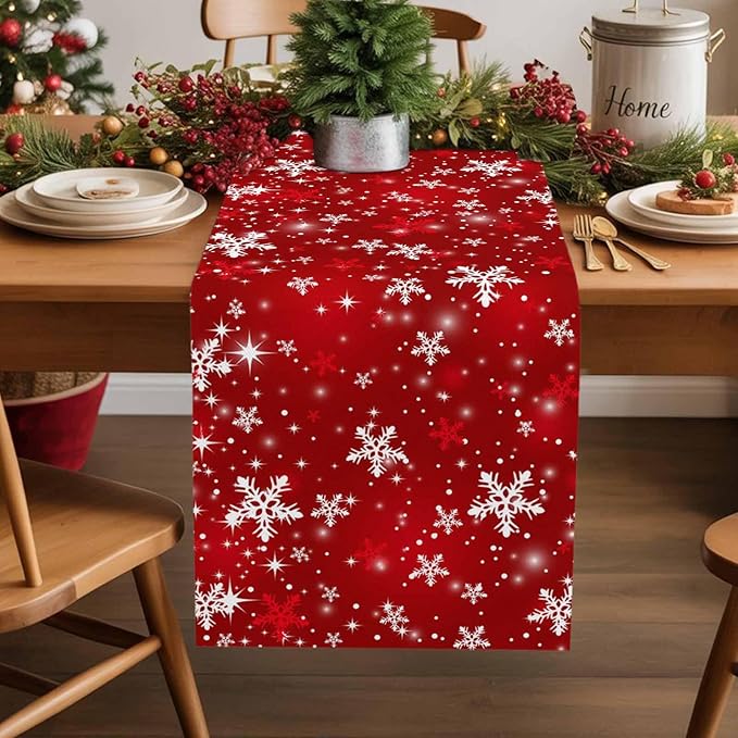 Christmas Snowflakes Cotton Linen Table Runner for Dining Kitchen, Red Xmas Winter Snow Wedding Outdoor Party Tablerunners Decoration, New Year Dresser Scarf Coffee Tablecloth Runners 13x90 Inches