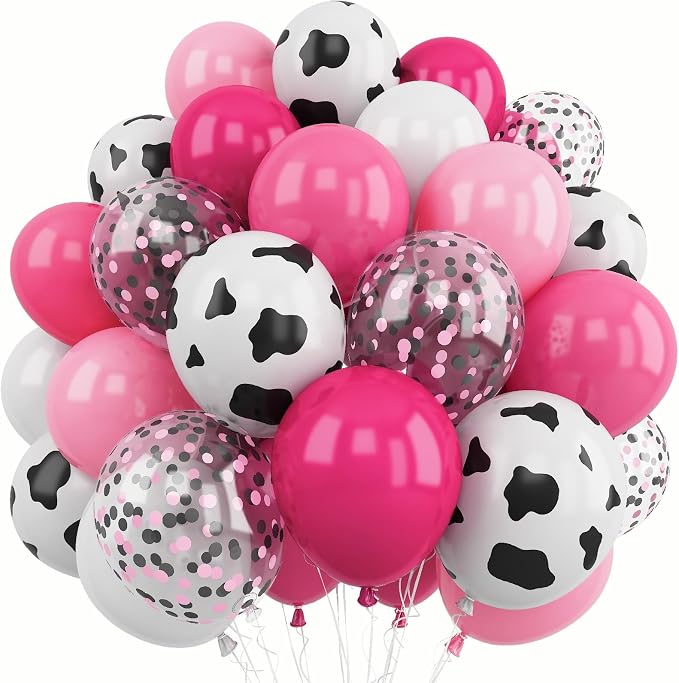Cowgirl Balloons, 12 Inch Hot Pink Pastel Pink White Cow Print Balloon by Froova