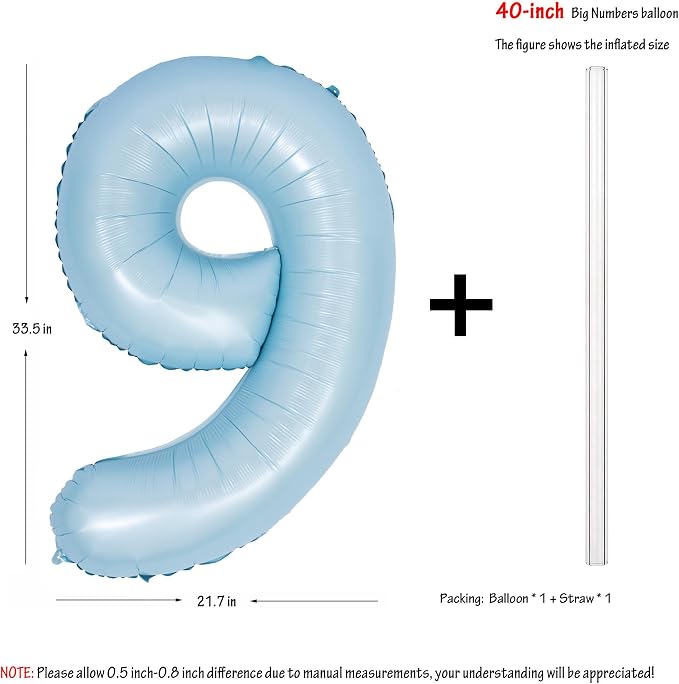 40 Inch Blue Number 9 Foil Balloon Light Blue Digital 9 Helium Balloon | - Image 2